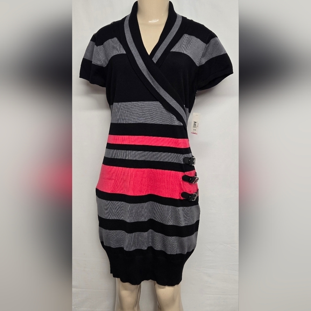 No Boundaries XL 15-17 Sheath Dress Stretch Knit Fitted Striped Collared Buckles